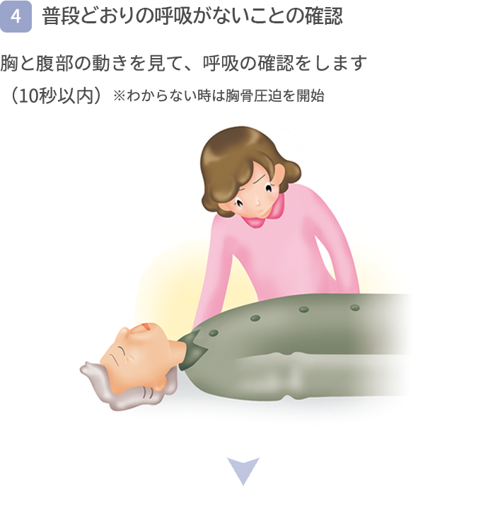 【4】呼吸の確認 胸と腹部の動きを見て、呼吸の確認をします。（10秒以内）※わからない時は胸骨圧迫を開始