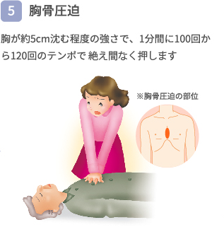 【5】胸骨圧迫 胸が約5cm沈む程度の強さで、1分間に100回から120回のテンポで押します