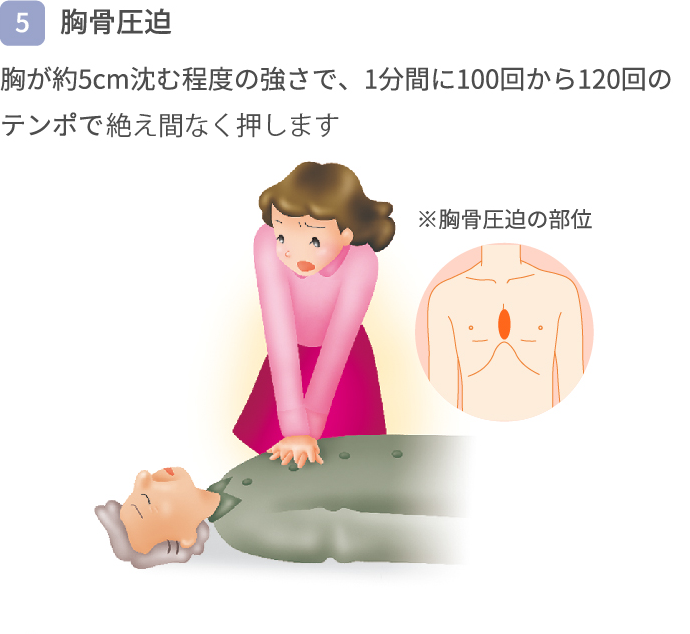 【5】胸骨圧迫 胸が約5cm沈む程度の強さで、1分間に100回から120回のテンポで押します