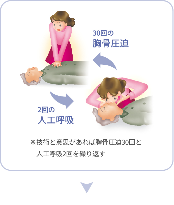 30回の胸骨圧迫、2回の人工呼吸。※技術と意思があれば胸骨圧迫30回と人工呼吸2回を繰り返す